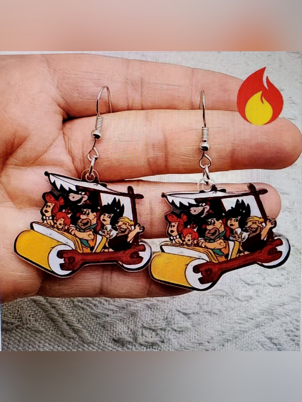 Flintstone Family & Neighbors In Car Racing Dangle Drop Hook 2D Earrings